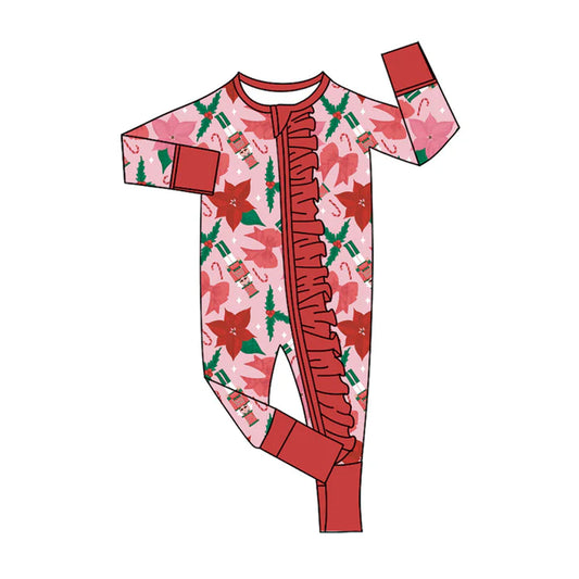 Preorder (moq 8)Baby Girls Red Soldiers Holly Bows Christmas Ruffle Zipper Footie Rompers 9.23