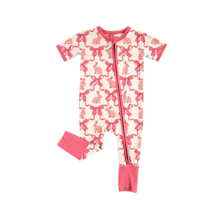 Preorder (moq 8)Baby Girls Pink Bows Rabbits Checked Easter Zipper Footie Rompers 9.26