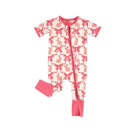 Preorder (moq 8)Baby Girls Pink Bows Rabbits Checked Easter Zipper Footie Rompers 9.26