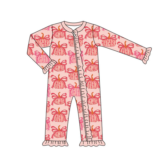Preorder (moq 5)Baby Girls Long Sleeves Peach Bows Pumpkins Plaid Ruffle Zipper Romper 7.3