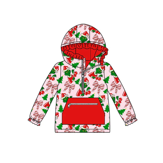 Preorder(moq 5)Baby Girls Christmas Green Faces Bows Plaid Pockets Zipper Hoodie Tops 8.30