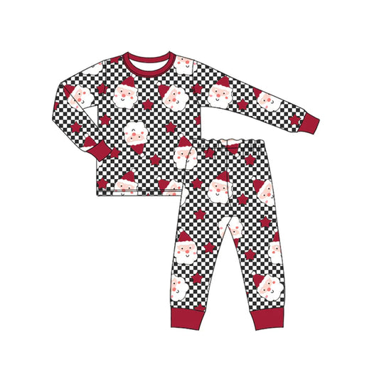 Preorder (moq 5)Baby Girls Long Sleeves Black Plaid Red Santa Stars Top Pant Pajamas Set 6.17