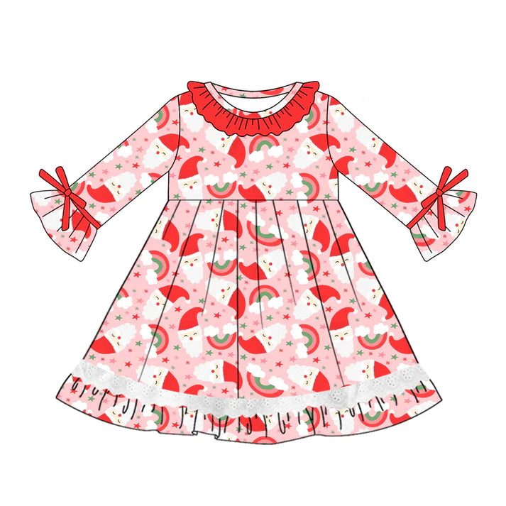 Preorder (moq 5)Baby Girls Red Long Ruffle Sleeves Santa Rainbows Knee Length Dresses 5.20