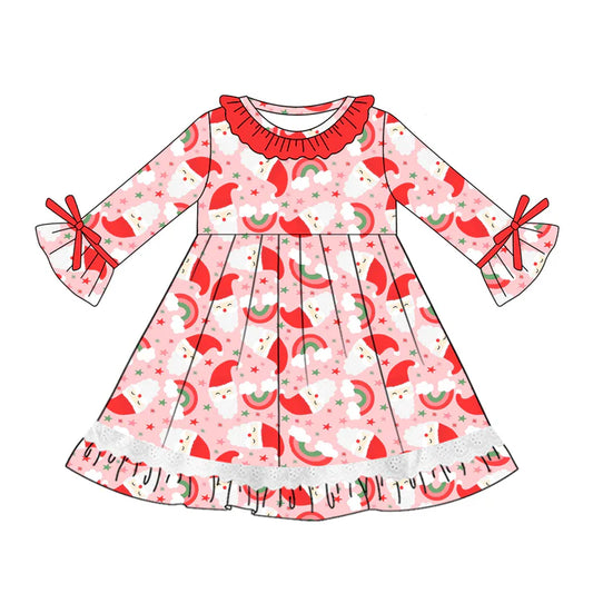 Preorder (moq 5)Baby Girls Red Long Ruffle Sleeves Santa Rainbows Knee Length Dresses 5.20