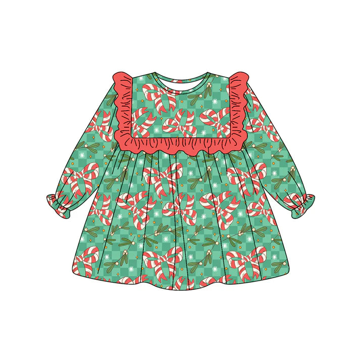 Preorder(moq 5) Baby Girls Holly Plaid Candy Cane Bows Christmas Knee Length Dresses 8.15