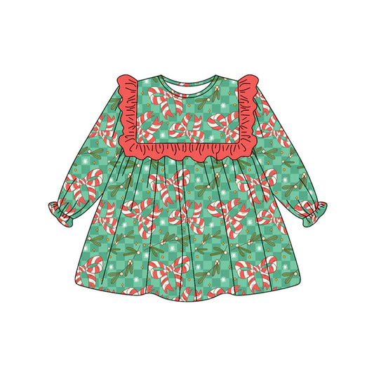 Preorder(moq 5) Baby Girls Holly Plaid Candy Cane Bows Christmas Knee Length Dresses 8.15