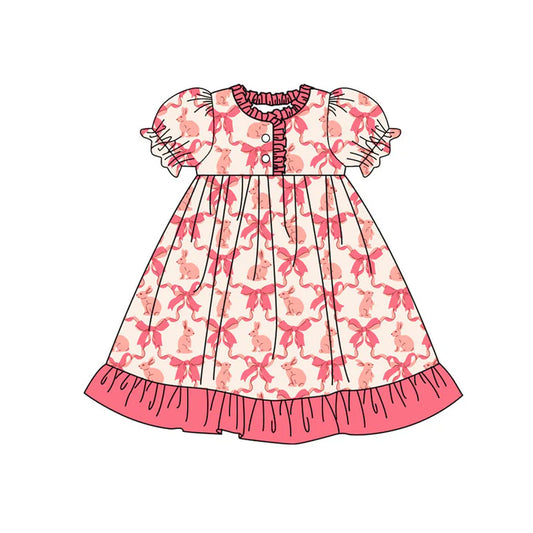 Preorder(moq 8)Baby Girls Pink Bows Rabbits Checked Easter Button Ruffle Knee Length Dress 9.26