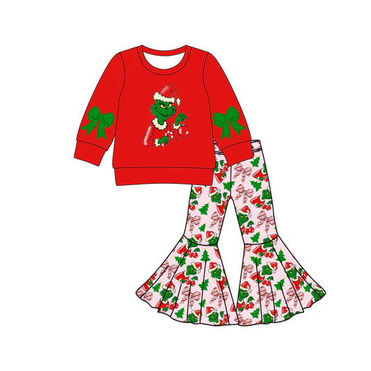 Preorder (moq 5)Baby Girls Green Face Top Bell Bottom Pants Christmas Clothes Set 8.30