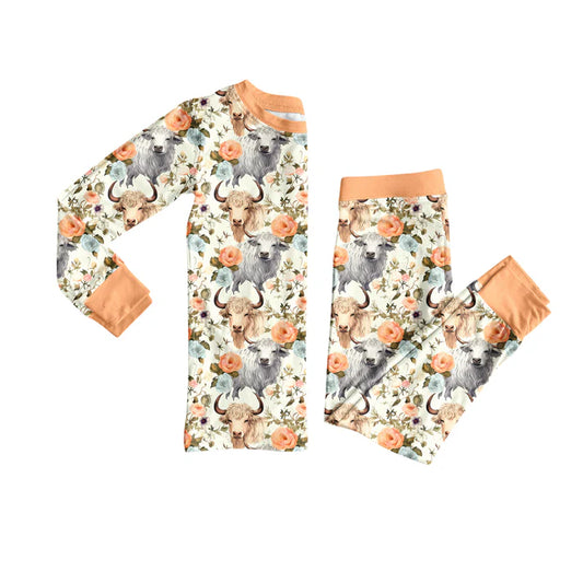Preorder (moq 5)Baby Girls Highland Cows Floral Top Pant Pajamas Set 8.1
