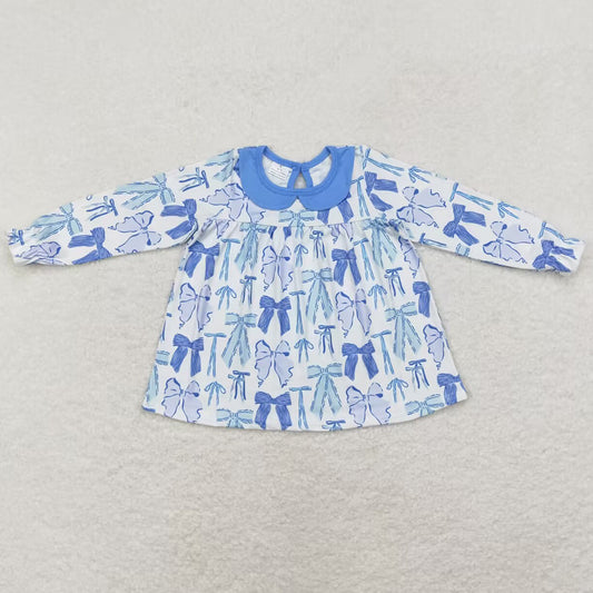 Baby Girls Clothes Tops Blue Bows Collar Knee Length Dresses GT0666