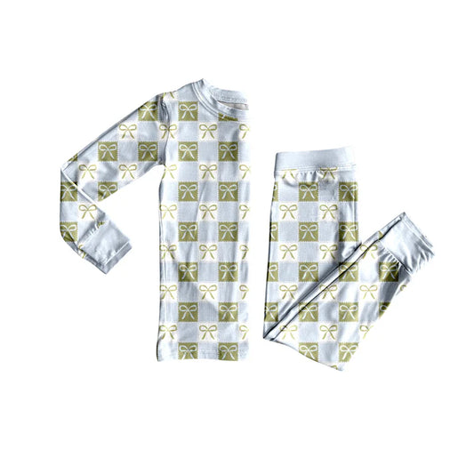 Preorder (moq 5)Baby Girls Long Sleeves Blue Green Plaid Bows Top Pant Pajamas Set 5.24