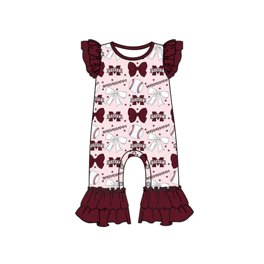 Preorder (moq 5)Baby Girls Dark Red Flutter Sleeves Baseball Bows M State Ruffle Pant Team Rompers 6.16
