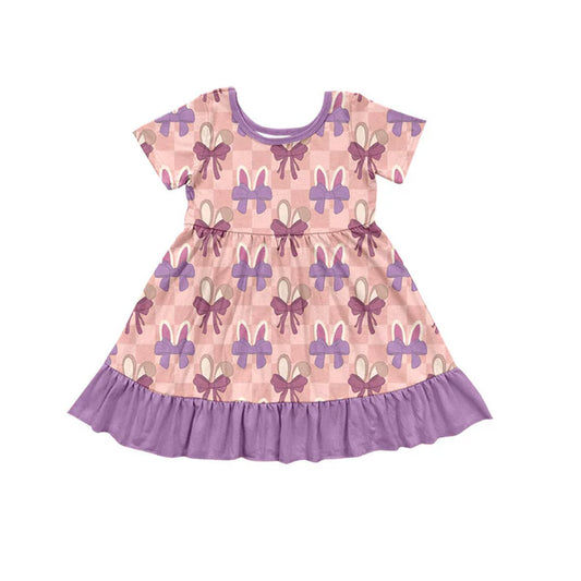 Preorder (moq 8)Baby Girls Pink Checked Rabbits Bows Easter Ruffle Knee Length Dresses 9.17