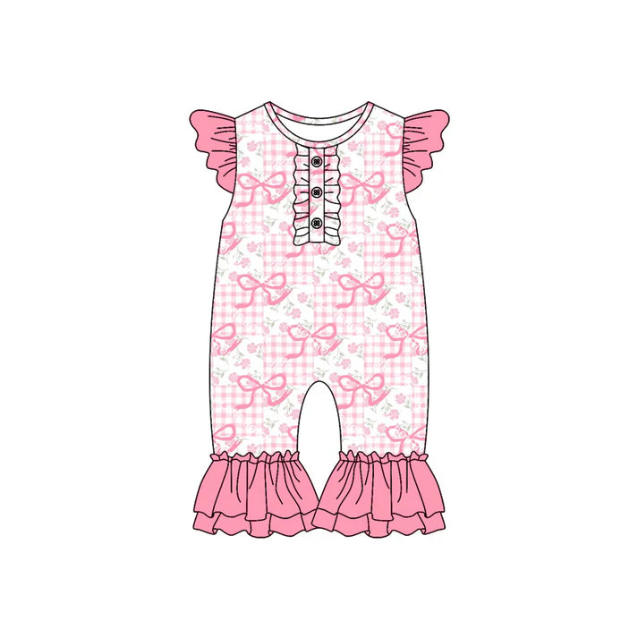Preorder (moq 5)Baby Girls Pink Bows Flowers Flutter Sleeve Rompers 6.9