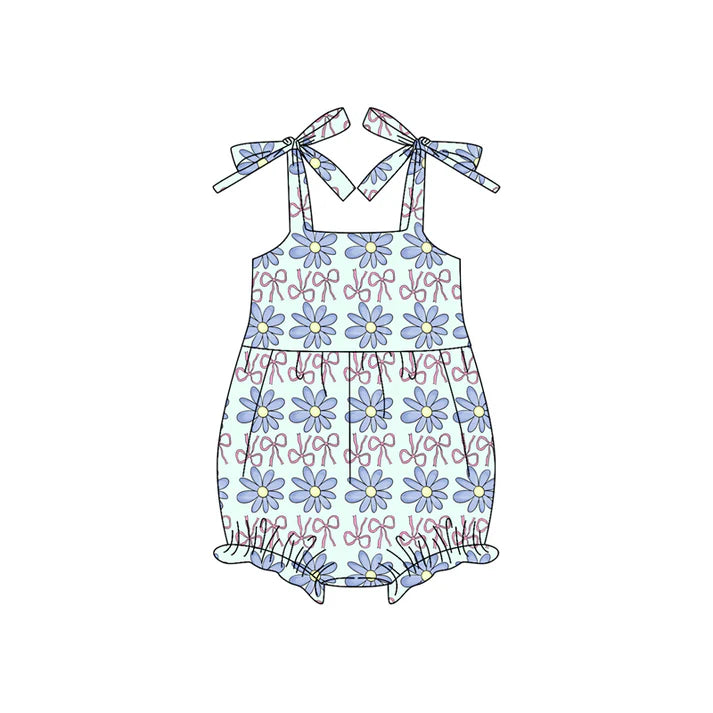 Preorder (moq 5)Baby Girls Blue Strap Bows Flowers Ruffle Rompers 5.26