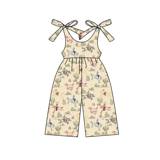Preorder (moq 5)Baby Girls Khaki Strap Horse Rodeos Cactus Jumpsuits 4.24