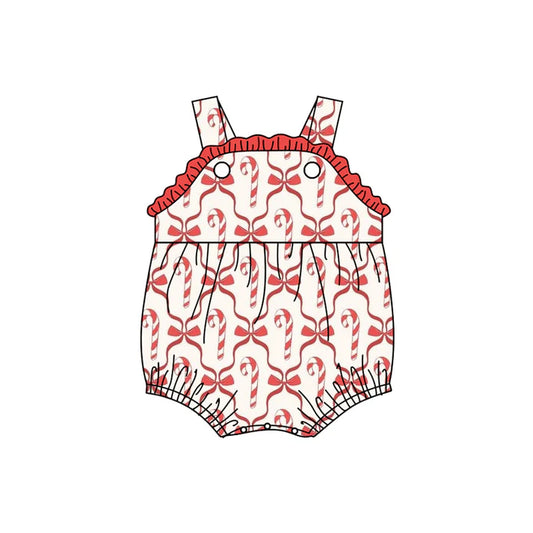 Preorder (moq 5)Baby Girls Strap Red Bows Candy Cane Plaid Ruffle Romper 7.3