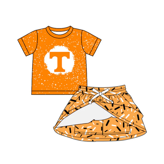 Preorder (moq 5)Baby Girls Orange Short Sleeves T Top Drip Skirts Team Set 6.17
