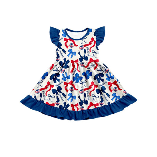 Preorder (moq 5) flutter sleeves red blue bows girls team dress 8.27
