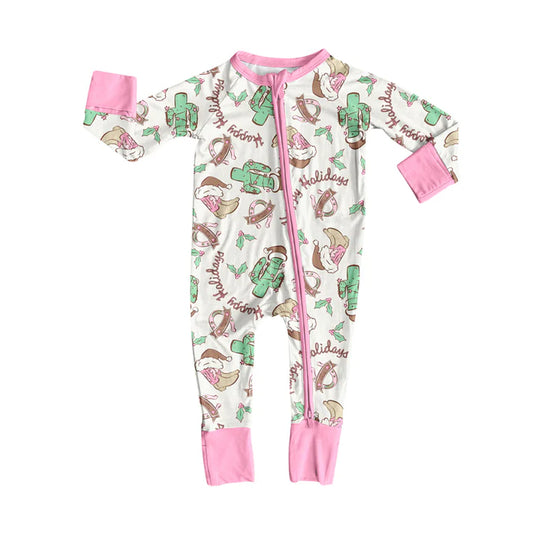 Preorder moq 5 Baby Infant Girls Long Sleeves Pink Hat Boots Cactus Plaid Zipper Romper 7.16