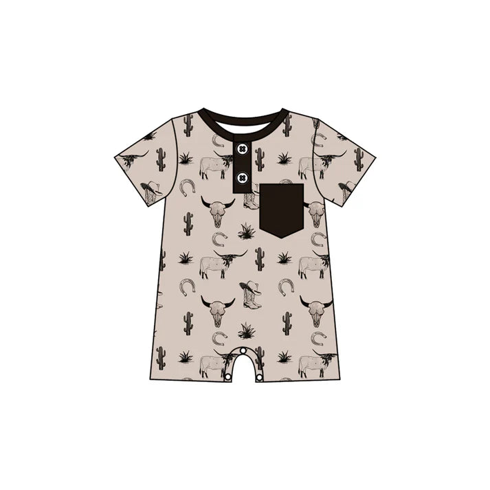 Preorder (moq 5)Baby Boys Cactus Bull Skulls Button Pocket Western Short Rompers 10.28