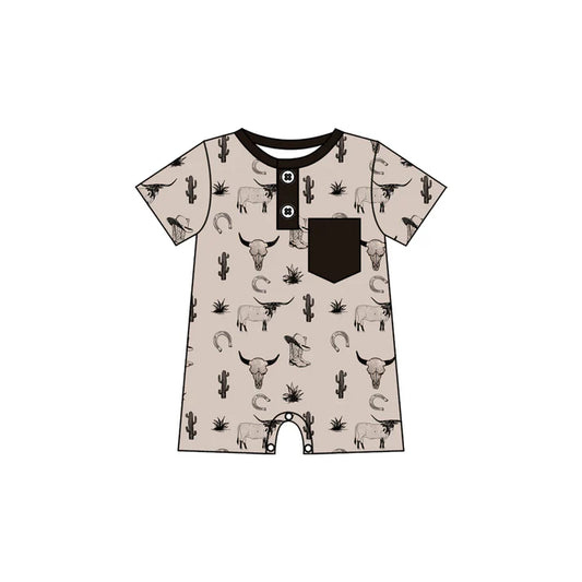Preorder (moq 5)Baby Boys Cactus Bull Skulls Button Pocket Western Short Rompers 10.28