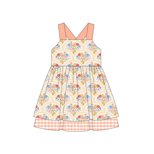 Preorder (moq 5)Baby Girls Pink Strap Floral Plaid Knee Length Dress 4.26