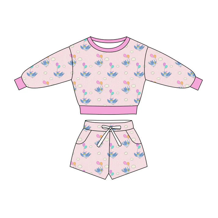 Preorder(moq 5) Baby Girls Pink Birds Balloons Long Sleeve Pockets Shorts Clothes Sets 10.27