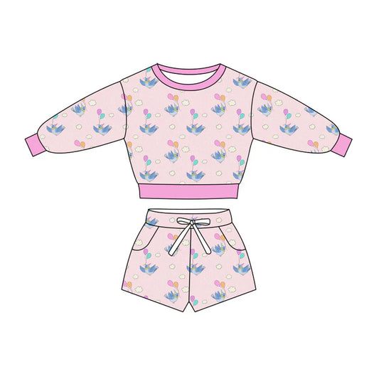 Preorder(moq 5) Baby Girls Pink Birds Balloons Long Sleeve Pockets Shorts Clothes Sets 10.27