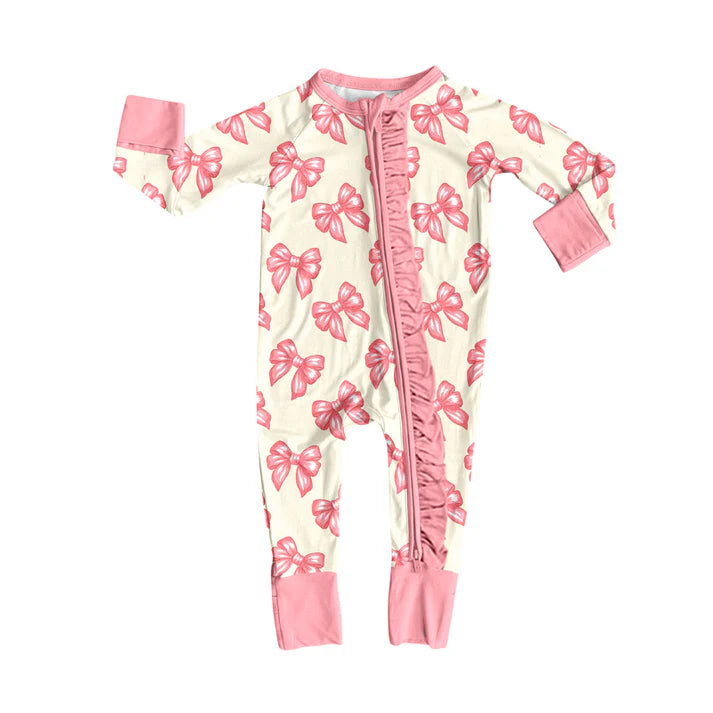 Preorder(moq 5)Baby Girls Pink Bows Ruffle Zipper Footie Rompers 8.14