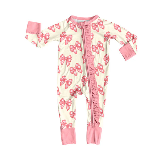 Preorder(moq 5)Baby Girls Pink Bows Ruffle Zipper Footie Rompers 8.14