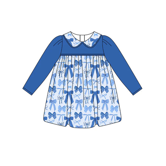 Preorder (moq 5)Baby Girls Hot Blue Long Sleeves Bows Plaid Knee Length Dresses 5.27