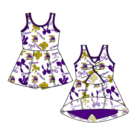Preorder (moq 5)Baby Girls Purple Sleeveless Horse Rodeos Bows Plaid Shorts Team Knee Length Dresses 6.30