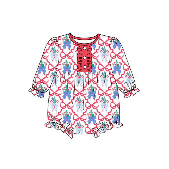 Preorder (moq 5)Baby Girls Long Sleeves Red Bows Candy Cane Plaid Button Ruffle Rompers 5.17