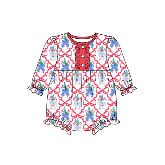 Preorder (moq 5)Baby Girls Long Sleeves Red Bows Candy Cane Plaid Button Ruffle Rompers 5.17