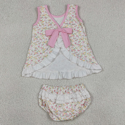 Baby Girls Clothes Sleeveless Colorful Flowers Back Bow Tunic Bummies Clothes Sets GBO0518