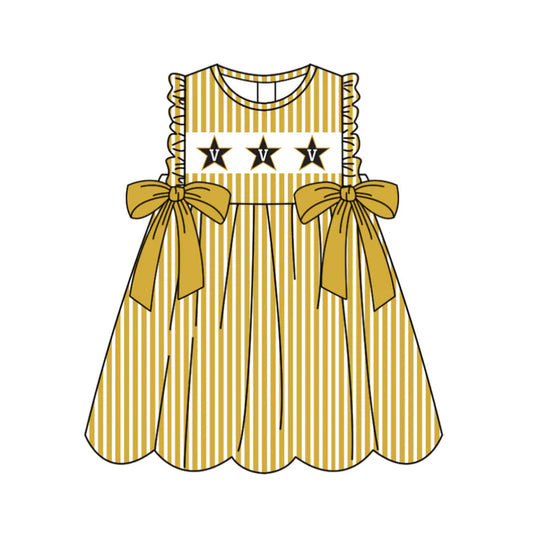 Preorder (moq 5)Baby Girls Sleeveless Gold Stripe V Stars Bows Team Knee Length Dresses 11.26