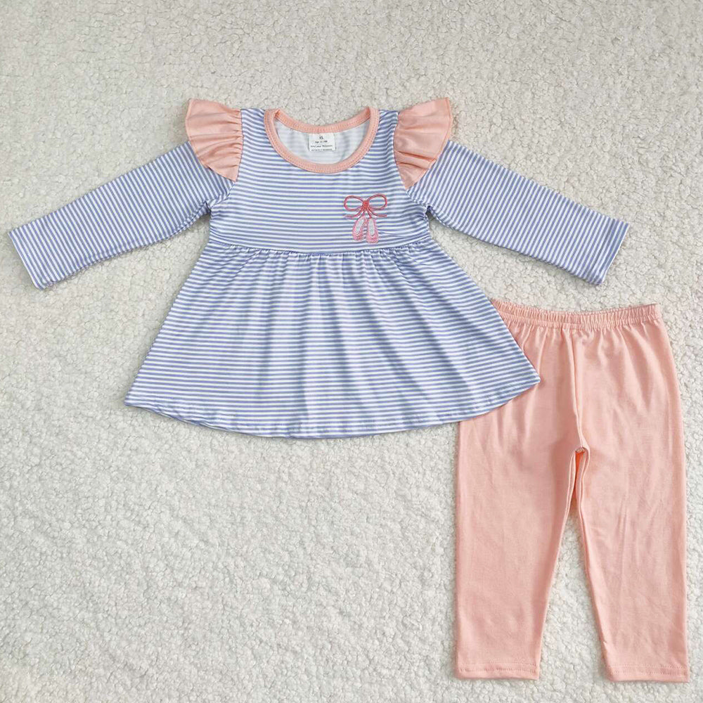 Baby Girls Clothes Blue Stripes Ballet Shoes Tunic Top Legging Clothes Sets GLP1194