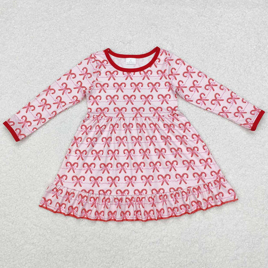 Baby Girls Dress Pink Bows Candy Cane Ruffle Knee Length Dresses GLD0774