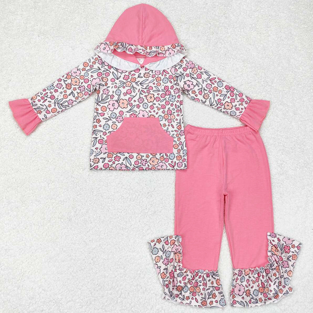 Baby Girls Clothes Pink Flowers Hooded Top Ruffles Pants Clothes Sets GLP1285