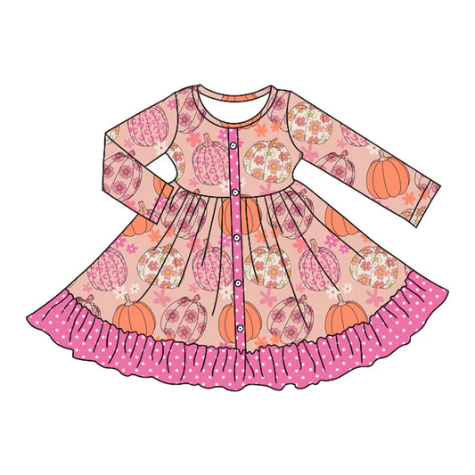 Preorder moq 5 Baby Girls Pink Long Sleeves Flowers Pumpkins Button Ruffle Knee Length Dresses 5.7