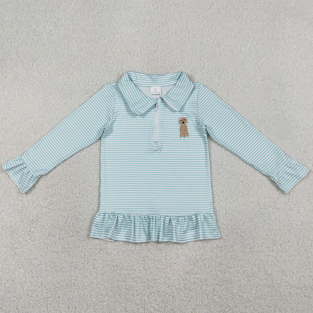 Baby Girls Clothes Embroidery Bow Dogs Blue Stripe Hunting Zip Ruffle Pullovers Top GT1543