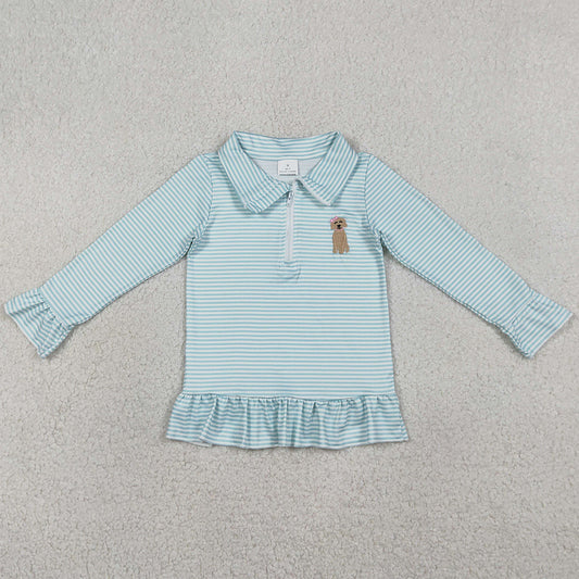 Baby Girls Clothes Embroidery Bow Dogs Blue Stripe Hunting Zip Ruffle Pullovers Top GT1543