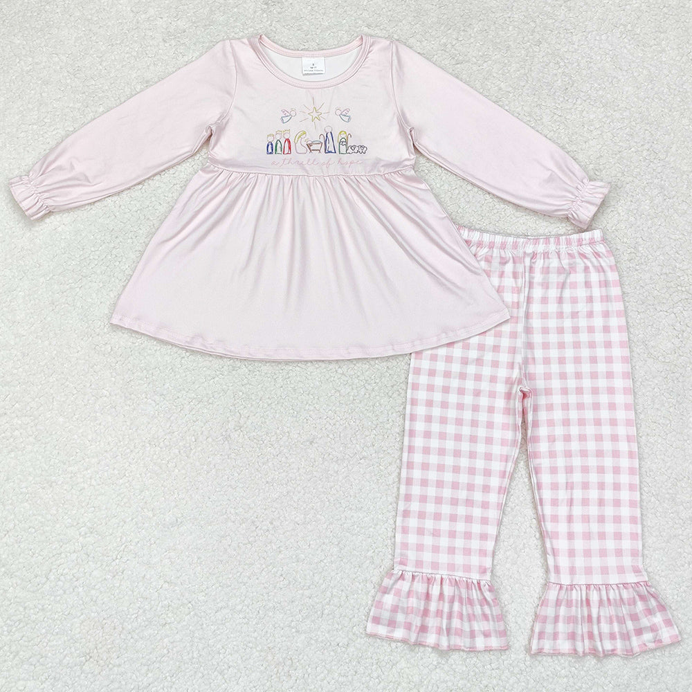 Baby Girls Clothes Christmas Pink Nativity Tunic Top Ruffle Pants Sibling Clothes Sets GLP1225 BLP0504