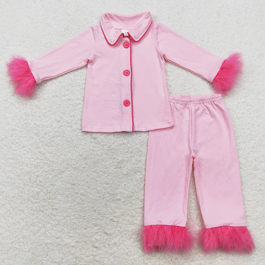 Baby Girls Pajamas Pink Cotton Buttons Top Pants Fur Pajamas Sets GLP1255