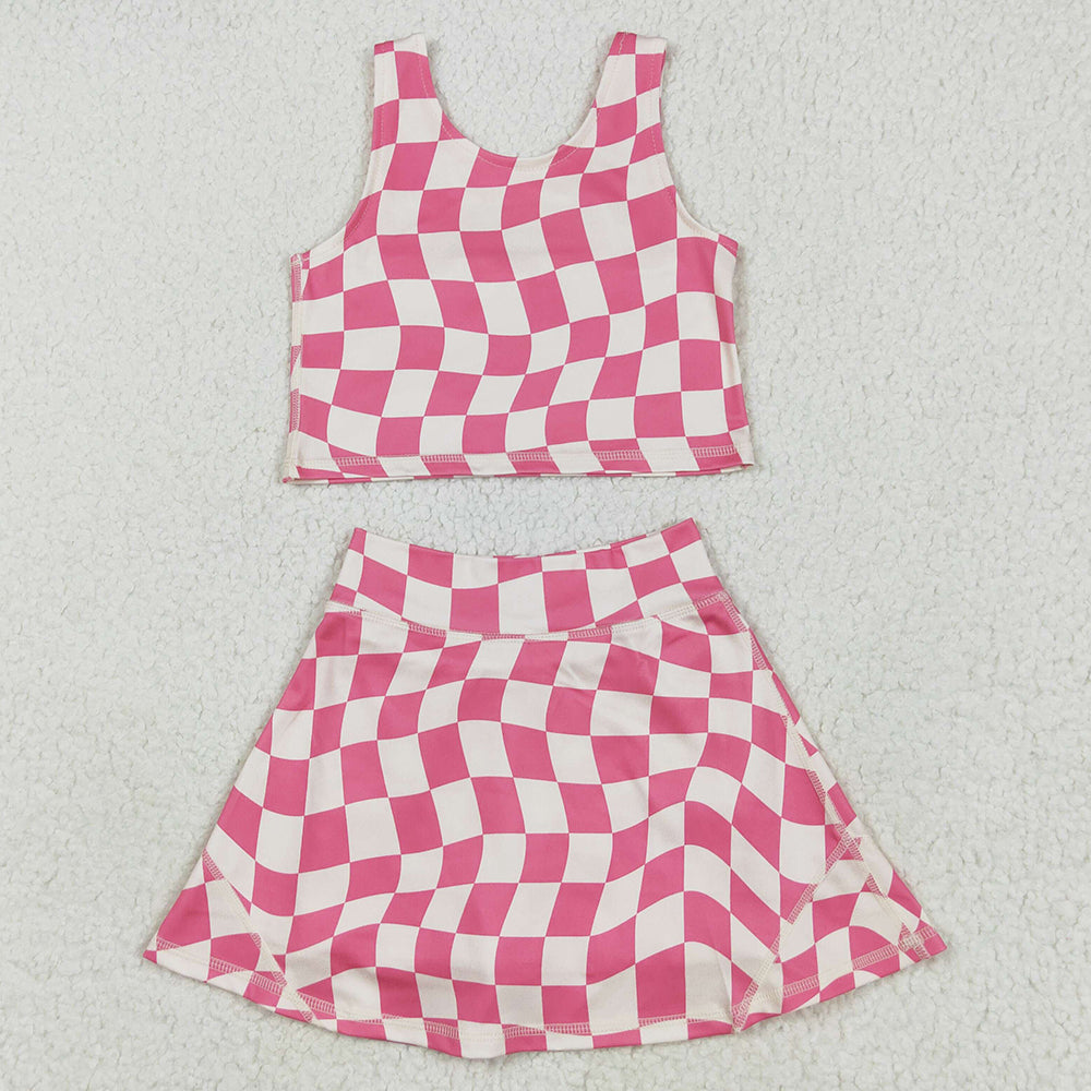 Baby Girls Clothes Sleeveless Pink Plaid Top Skort Yoga Sets GSD2329 5.10