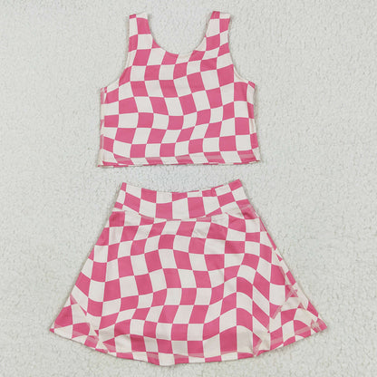 Baby Girls Clothes Sleeveless Pink Plaid Top Skort Yoga Sets GSD2329 5.10