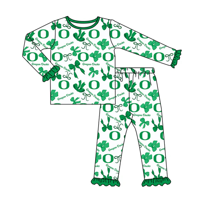 Preorder MOQ 5 Long sleeves O green bows kids girls team pajamas 8.21