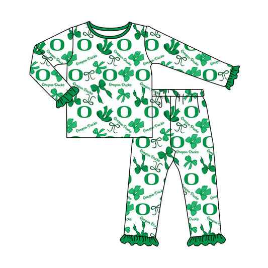 Preorder MOQ 5 Long sleeves O green bows kids girls team pajamas 8.21