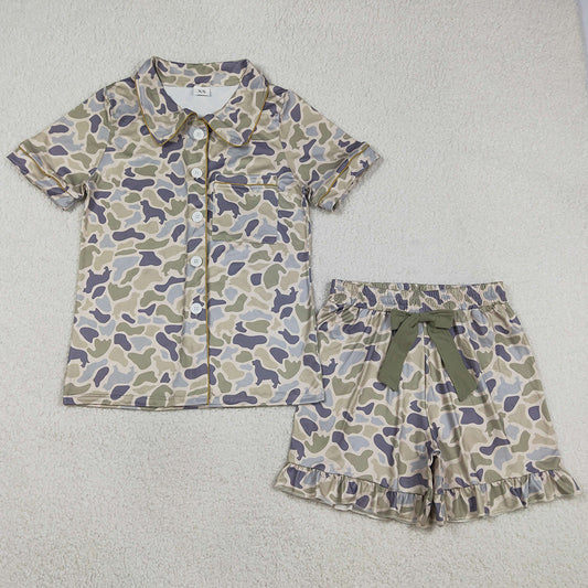 Adult Women Clothes Southern Dogs Camo Button Pocket Top Ruffle Shorts Pajamas Set GSSO3135